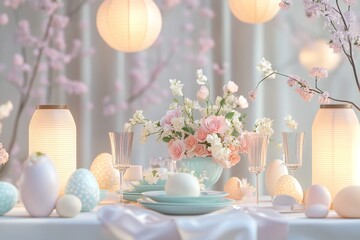 A luxurious 3D dining table setup with glowing lanterns, pastel-colored tableware, and floral Easter decorations,  created by ai
