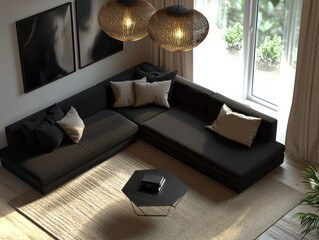 Fototapeta premium Dark gray sectional sofa in modern living room