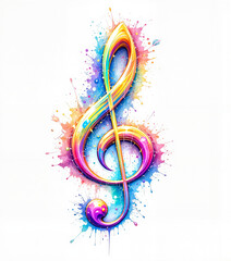 colofull treble clef surrounded by paint splashes on white background