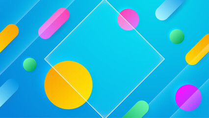 Blue background featuring a white diamond surrounded by colorful circles and ovals, perfect for abstract designs and vibrant social media posts.