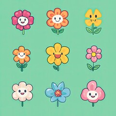 Fototapeta premium Cute cartoon flowers with happy faces in various colors.