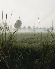Naklejka premium Ethereal Morning Mist over a Soft Grass Field in Ultra Realistic Scene Capturing Nature's Tranquility