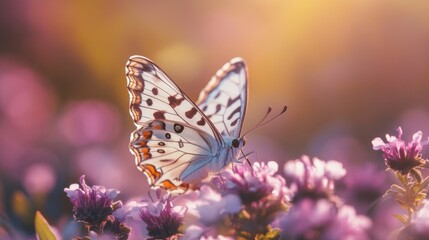 Obraz premium Closeup of a white butterfly with black and red spots sitting on purple flowers