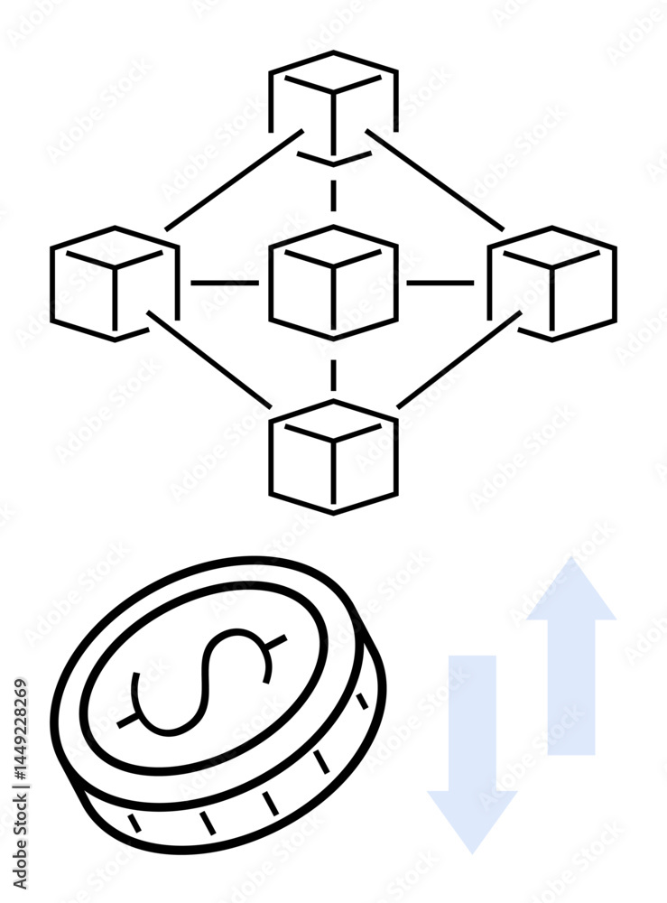 Poster networked cubes representing blockchain, currency coin with dollar sign, up and down arrows symboliz
