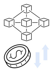 Networked cubes representing blockchain, currency coin with dollar sign, up and down arrows symbolizing transactions. Ideal for fintech, cryptocurrency, decentralization, digital economy, data