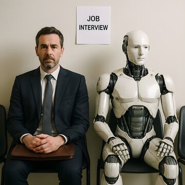 An ai robot and a human waiting to face a job interview