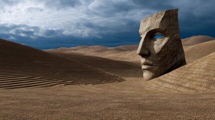 Arid Ground with Face Statue in Stone ,fantasy World, Fantasy Landscape