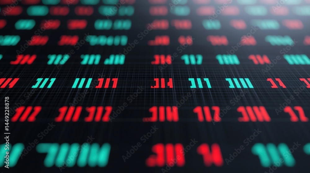 Poster a digital display showing rows of red and green numbers, resembling a stock market or financial data