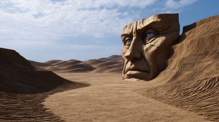 Carved Stone Face in Barren Environment ,fantasy World, Fantasy Landscape