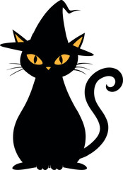 Cute Black Cat Wearing Witch Hat Halloween Illustration