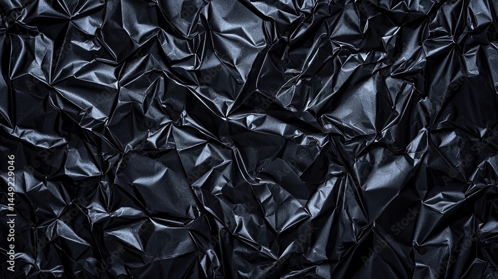 Poster crumpled black paper texture with sharp folds and creases, creating an abstract and dramatic backgro
