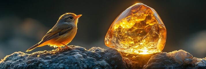 Obraz premium Small bird perched near a large, glowing amber stone, with sunlight and dark background