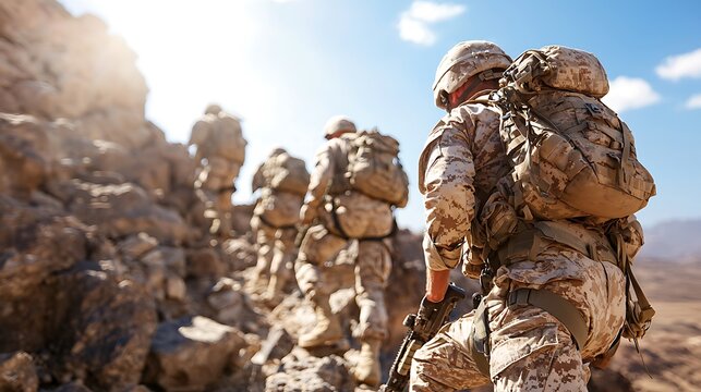 Soldiers Climbing Rocky Mountainside Under Bright Sunlight - Powered by Adobe