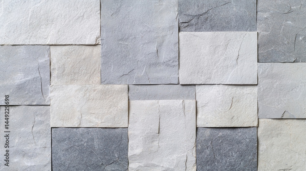 Poster rectangular stone tiles in gray and white shades arranged in a geometric, interlocking wall pattern.
