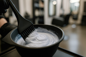 Hairdresser preparing hair dye mixture in modern salon for stylish makeover