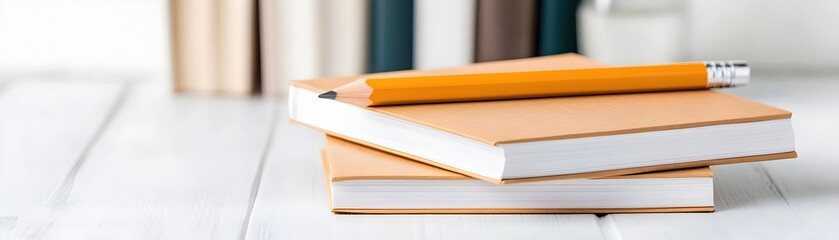 Folded Paper with Pencil Resting on Books in a Cozy Cafe Setting