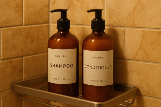 Luxury shampoo and conditioner bottles on bathroom shelf with subtle lighting
