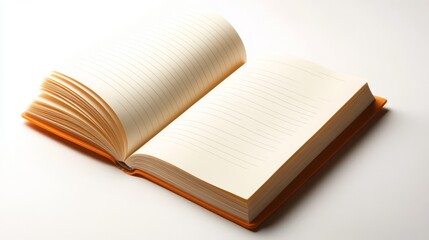 Open notebook with blank pages on white background, ideal for journaling, notes and creative writing