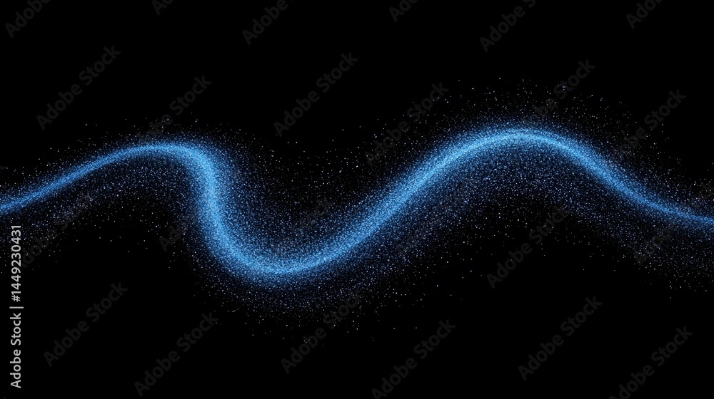 Poster glowing blue particles form a smooth, wavy line on a black background, creating a dynamic and futuri