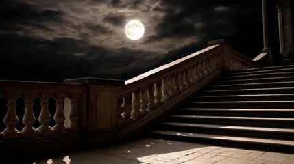 Ancient Steps Climbing Toward the Full Moon ,fantasy World, Fantasy Landscape