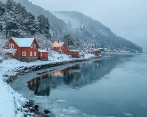 Fototapeta premium Snowy winter scene of red houses by a fjord. Tranquil waterfront village nestled amidst snowy mountains, reflecting in the calm water