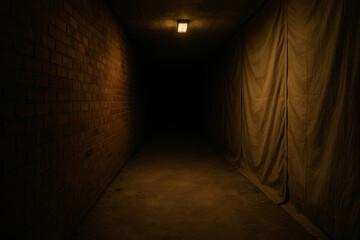 Dimly lit underground corridor with brick wall and draped fabric creating mysterious atmosphere