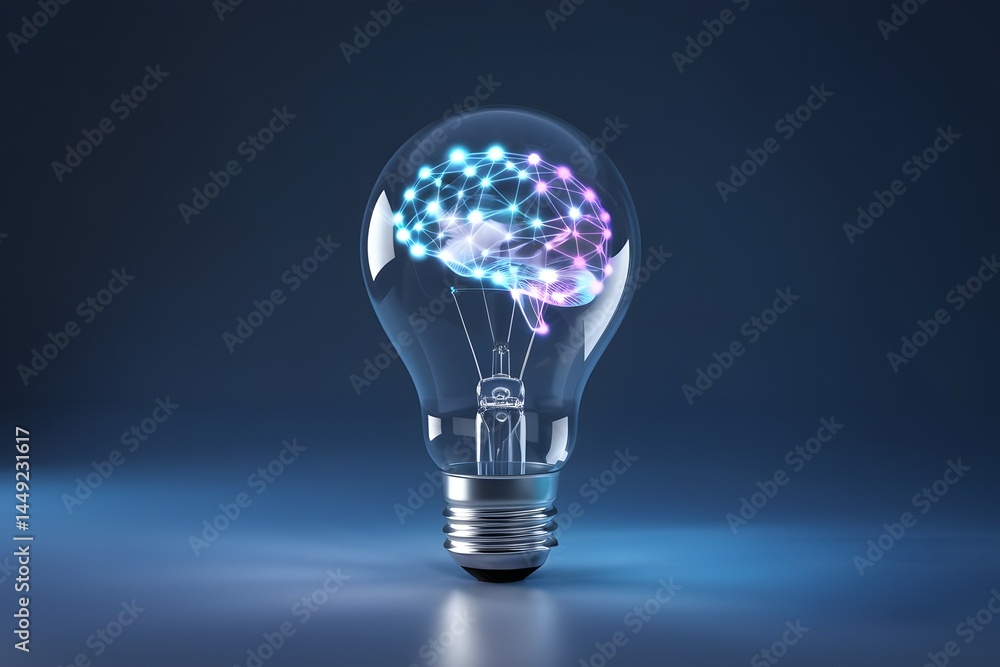 Poster glowing light bulb with digital neural network inside on blue background