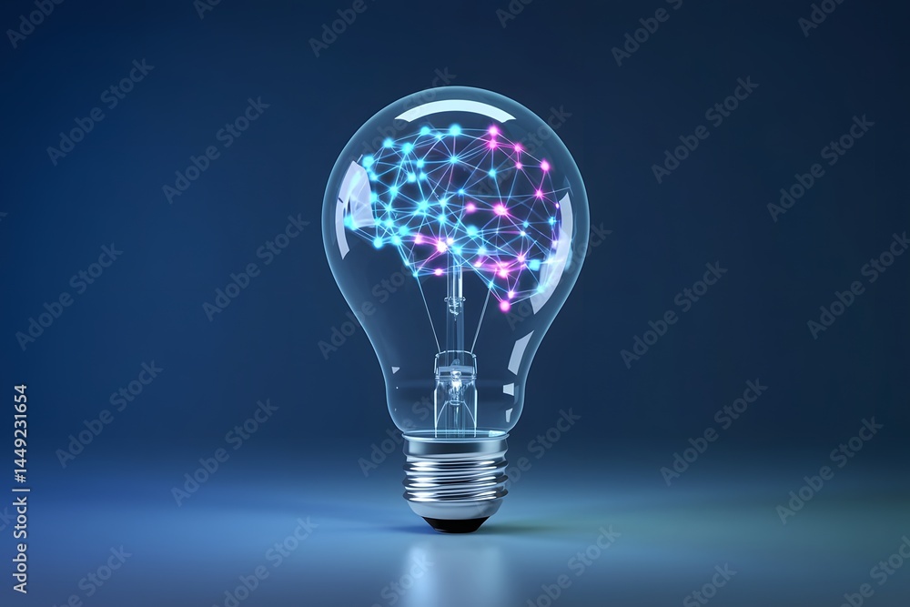 Poster glowing light bulb with digital neural network inside on blue background