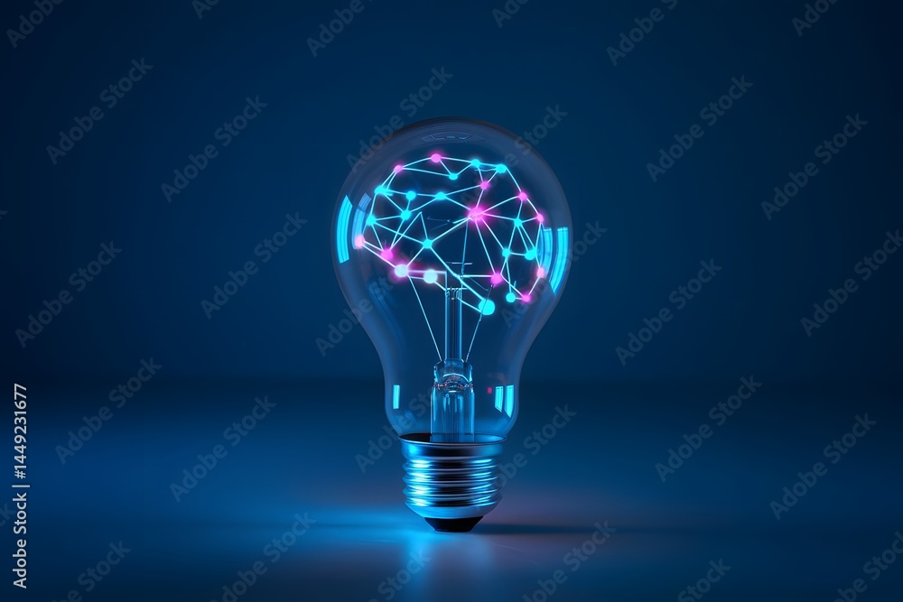 Poster glowing light bulb with digital neural network inside on blue background