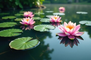 Water lilies create a floral tapestry on still lake water, petals, image, stock photo