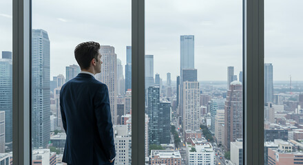 Plakat Man looking at cityscape through window