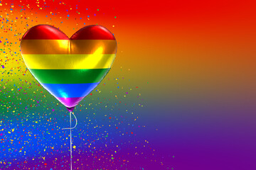 Rainbow flag heart balloon with confetti and copy space. 3D render for Pride Month and other LGBTQ celebrations.