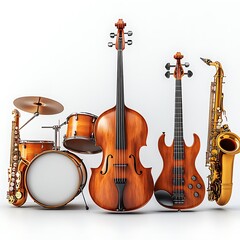 Diverse Orchestra Instruments Composition Featuring Drum Set Cello Electric Bass And Saxophone In Studio