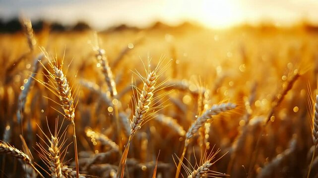 Golden wheat field bathed in sunset's glow, dew drops glistening on ripe stalks