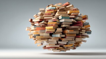 A large spherical stack of books floating in the air