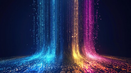Ascending streams of luminous code display colorful digital data formations across dark space