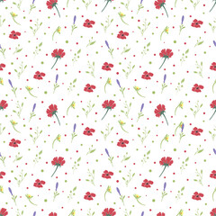 Red wild flowers and green leaves seamless pattern. Vector technique. Fabric, banner, card, background create 