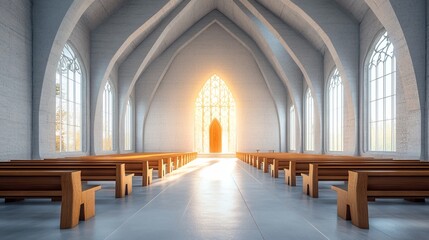 Obraz premium Bright and Spacious Empty Chapel with Wide Entrance and Sunlight