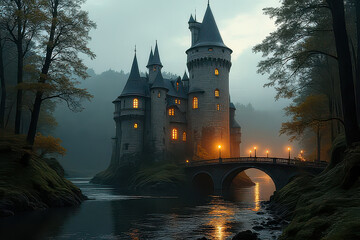 Obraz premium Majestic Medieval Castle Amidst Misty Black Forest: 8K Ultra-Detailed Art