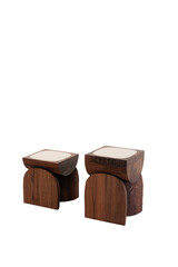 Two minimalist wooden stools with white tops on isolated white background. Cut out transparent background furniture collection. Please see some similar pictures from my portfolio.