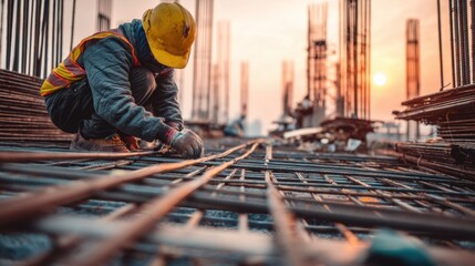 Construction Worker Assembling Reinforcement Bars at Sunset