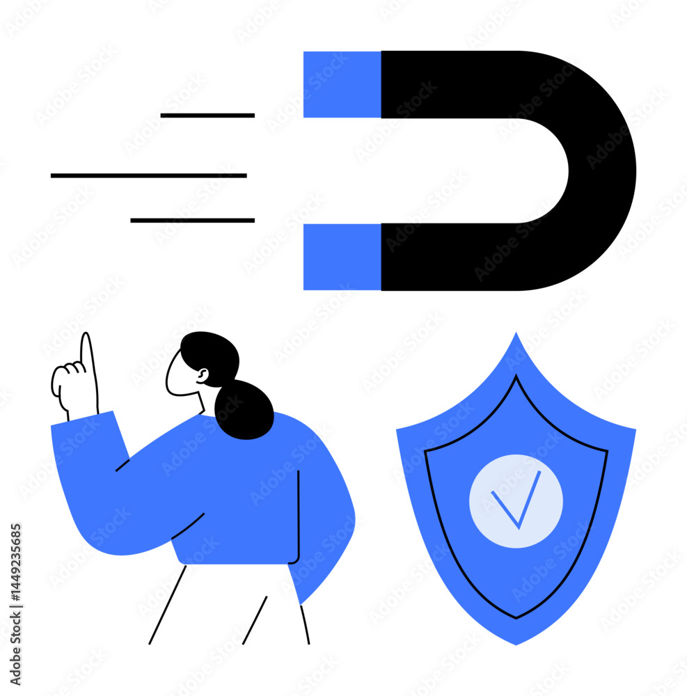 Aufkleber magnet attracting force with a person pointing upward and a shield with a checkmark illustrating saf