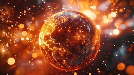 Ultra-Realistic 8K Globe Scene with Sparkling Network Nodes and Cinematic Lighting on Dark Globe.