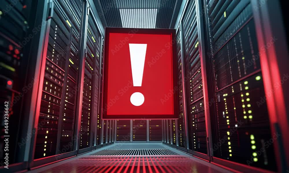 Poster a red triangle with an exclamation mark inside, floating in the center of a dark data center room. r