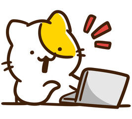 パソコンの画面を見てこれだ！と言っているねこのキャラクターの上半身イラスト