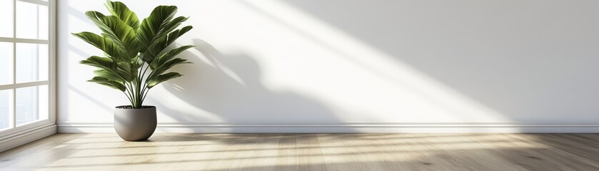 Fototapeta premium Indoor greenery, a potted plant on wooden floor, bringing nature home 