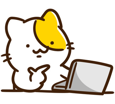 パソコンの画面を見つめながら何やら納得しているねこのキャラクターのデフォルメイラスト
