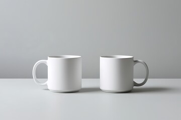 Two Plain White Ceramic Coffee Mugs Mockup, Neutral Background, Studio Product Presentation, Simplicity And Branding