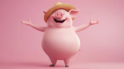 Cheerful pig wearing a straw hat, arms outstretched, against a pink background