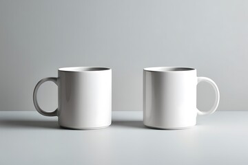 Fototapeta premium Two Plain White Ceramic Coffee Mugs Mockup, Neutral Background, Studio Product Presentation, Simplicity And Branding